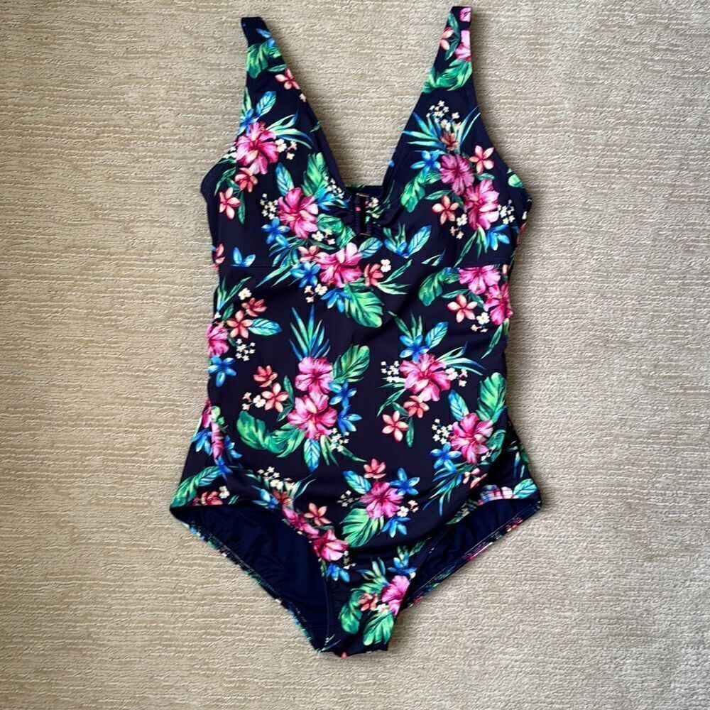 Lands End Women’s Navy Blue Floral One-Piece Swimsuit, Size 12